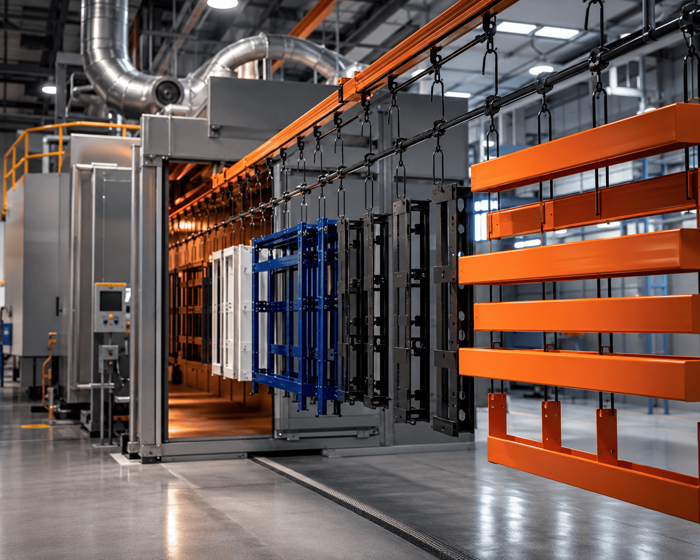Powder coating booth with freshly coated steel racks