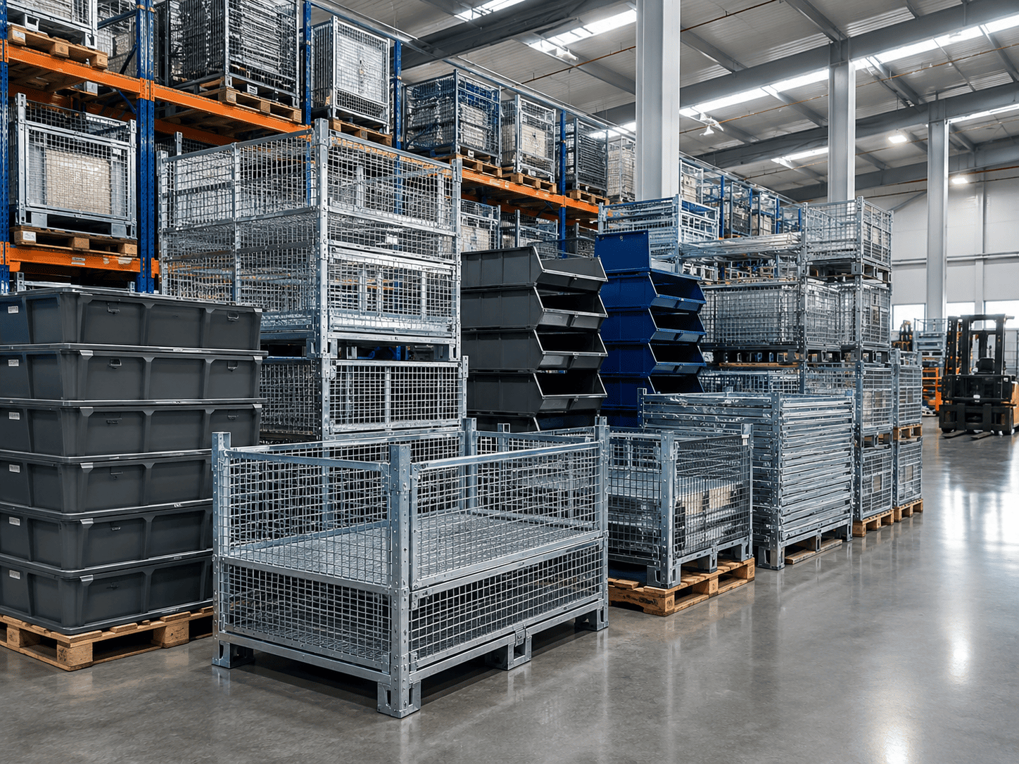Storage bins, baskets and cages stacked