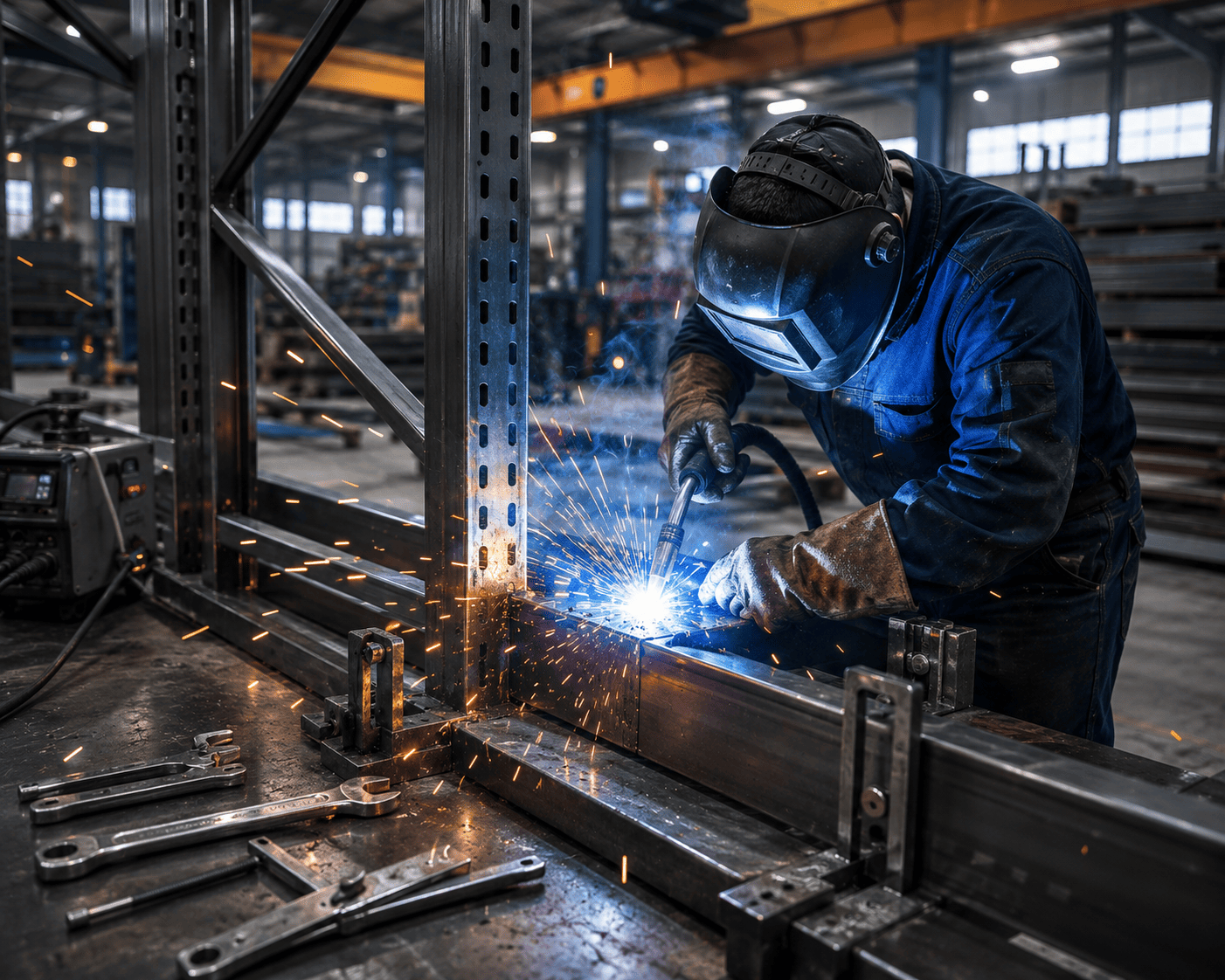 Welder mid-weld on a rack frame with sparks